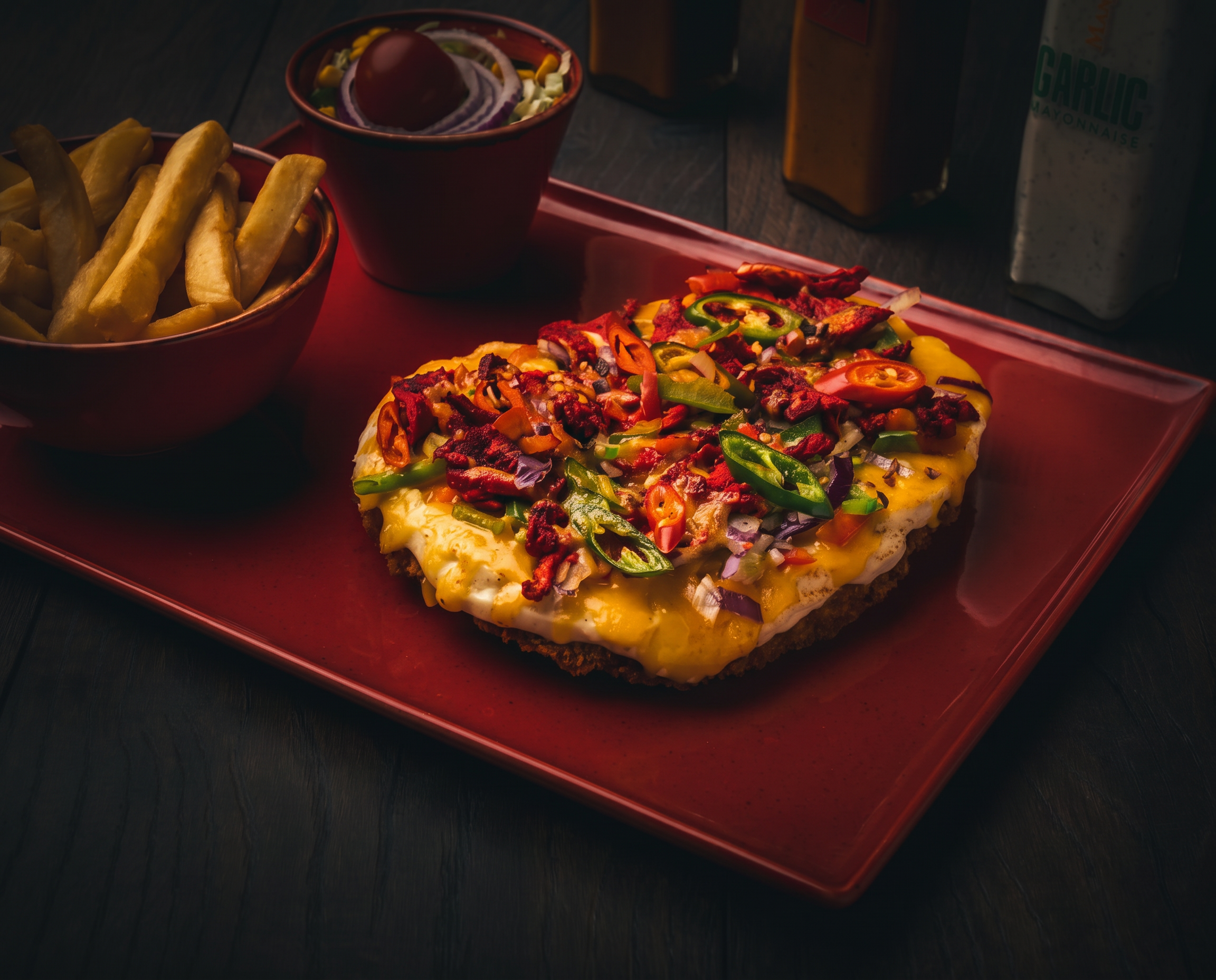 Tandoori chicken parmesan served with chips and salad